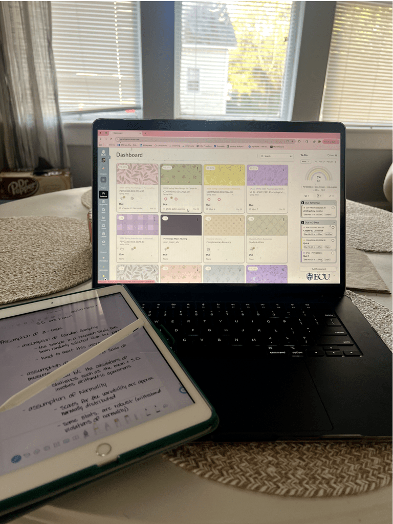 My view of studying for an upcoming and looking at my canvas for upcoming assignments. 